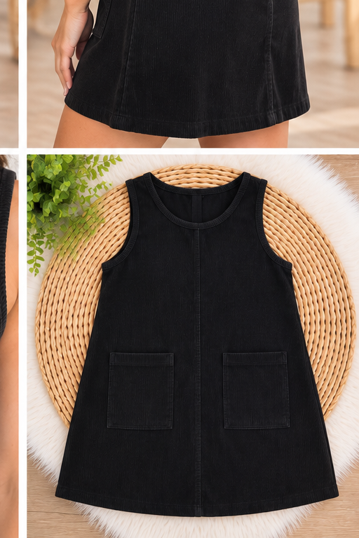 Everyday Darling black corduroy sleeveless dress flatlay view