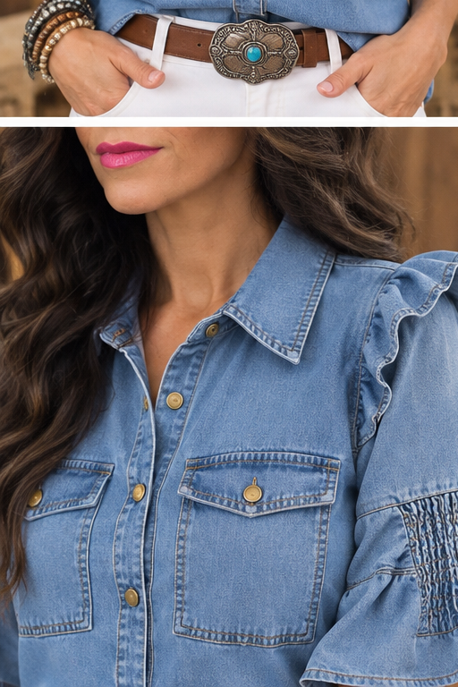 Denim Darling Ruffle Sleeve Button-Up Top — detail view