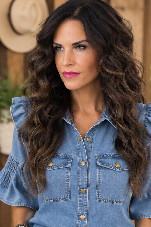 Denim Darling Ruffle Sleeve Button-Up Top — front view