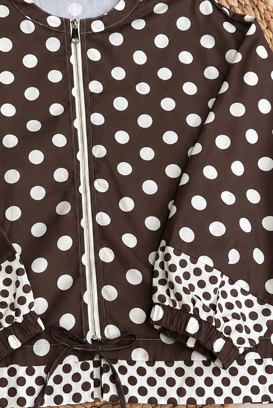Close-up of jacket zipper and contrast polka dot trim