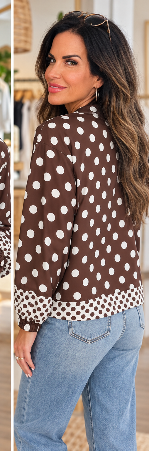 Suzanne modeling polka dot jacket side and back