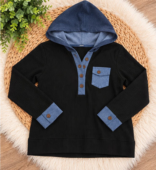 Denim Days ribbed hoodie flatlay view — boutique product photography