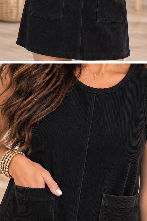 Everyday Darling black corduroy sleeveless dress detail view