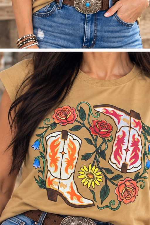 Floral Vines Cowgirl Boots cap sleeve graphic tee detail photo