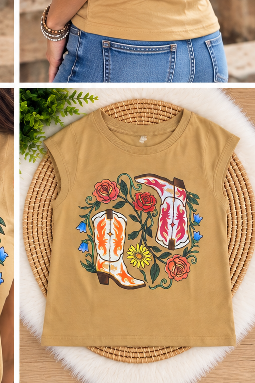 Floral Vines Cowgirl Boots cap sleeve graphic tee flatlay photo