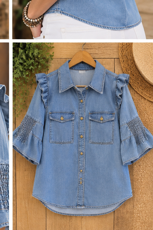 Denim Darling Ruffle Sleeve Button-Up Top — flatlay view