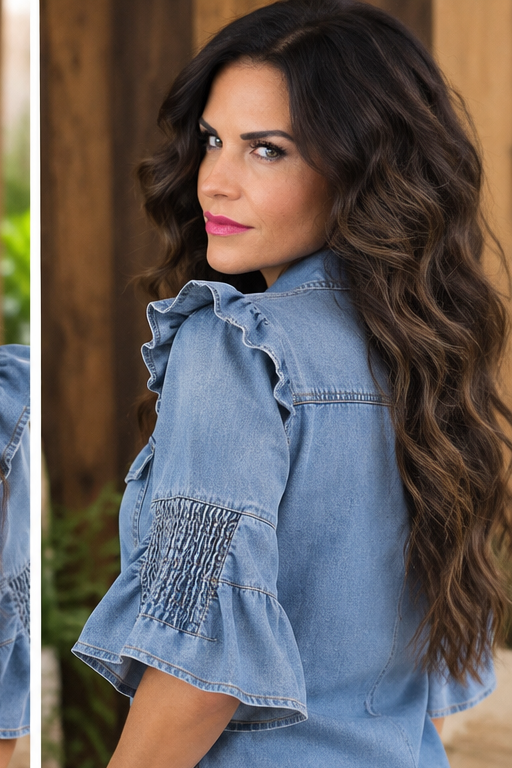 Denim Darling Ruffle Sleeve Button-Up Top — side view