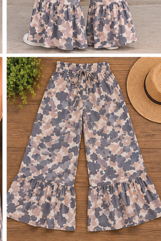Flat lay of neutral camo ruffle wide-leg pants