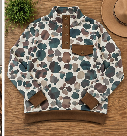 Camo pullover flat lay